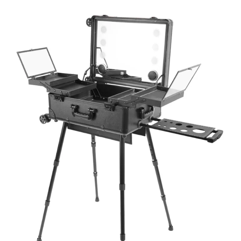 Aluminum Makeup Train Road Case Flight Case Rolling Cosmetic& Makeup Box Organizer with LED Light Mirror Rack Thread Cover Bingo