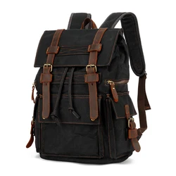 Customized Wholesale New Fashion Vintage Waterproof Genuine Leather Waxy Canvas Backpack Durable Portable Drawstring Rucksack