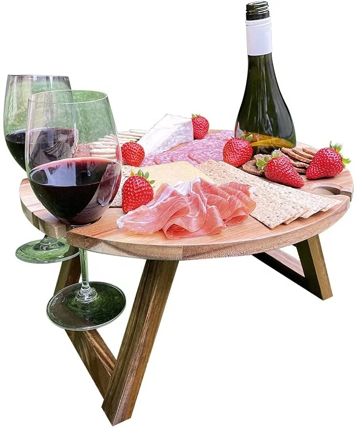 Outdoor Wine Picnic Table, Large Folding Portable Bamboo Snack & Cheese Tray with 4 Wine Glasses Holder for Concerts at Park