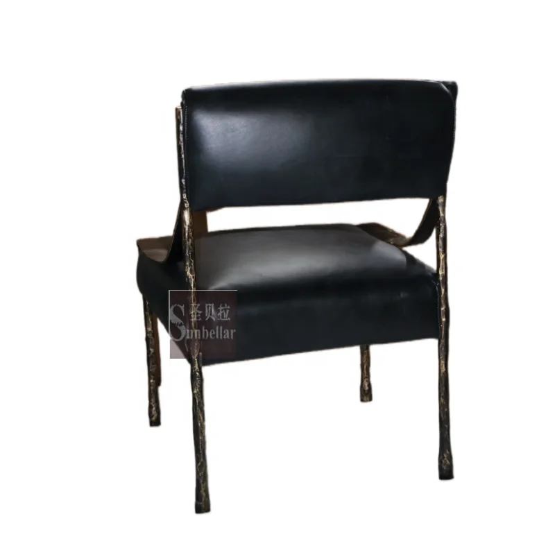 wholesale black leather dining side chair luxury genuine leather metal forged iron chair with back dining room hotel restaurant