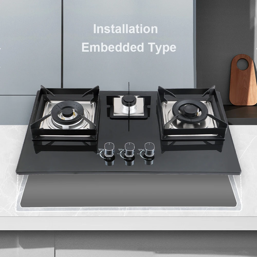 3 Burners Gas Stove Cooktop Glass Top Built-in Gas Burner Hob Propane Gas Cooktop