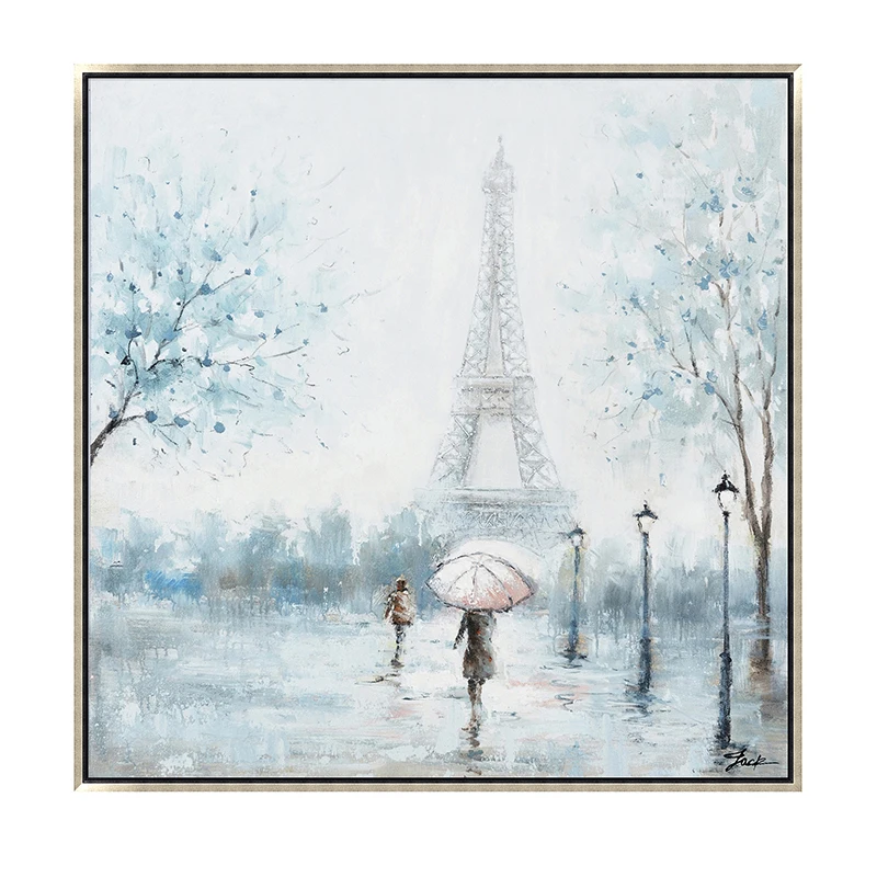Top Selling Raining Day Girl with Umbrella at Effiel Tower Handpainted Picture for Living Room Ready to Hang