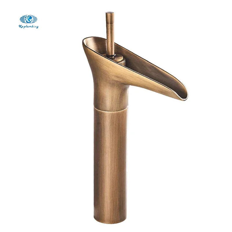 Copper Glass Water Tap Waterfall Spout Single Lever Hot and Cold Water Sink Faucet Antique Brass Bathroom Basin Faucet