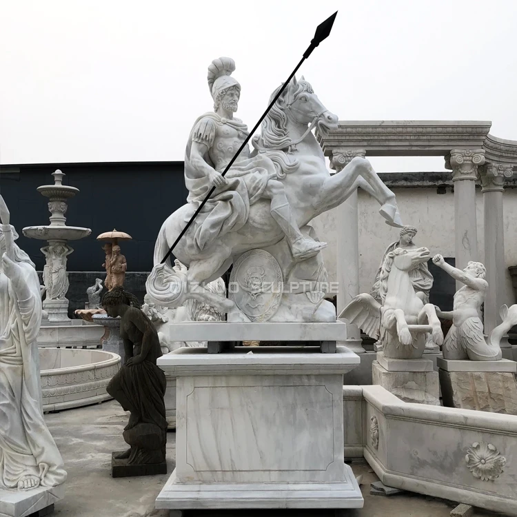 Large Outdoor Garden Carving Stone Roman Soldier Riding Horse Greek Warrior Sculpture White Marble Figure Statues