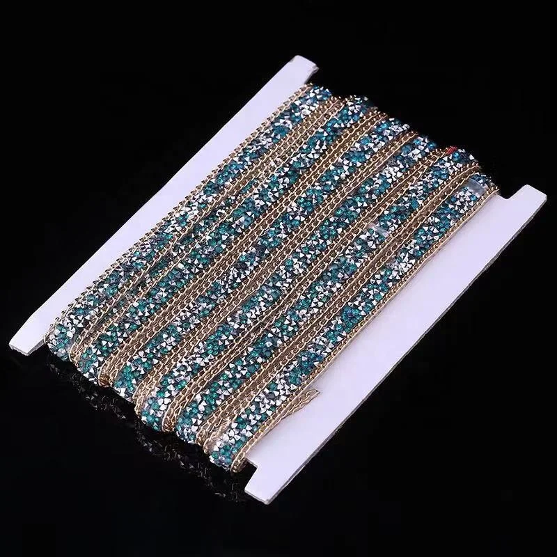 15mm Width Strass Crystal with Chain Hot Fix Rhinestones Applique Ribbon For Clothes Shoes
