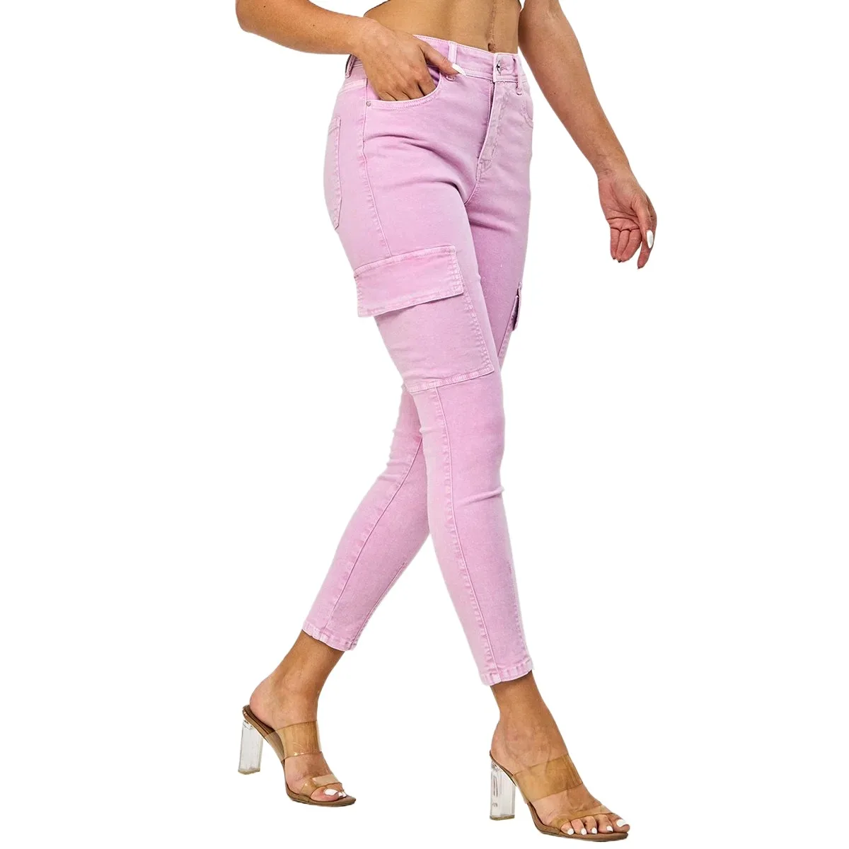 Wholesale Women Denim Fabric Slim Cargo Pants High Quality Ladies High Waist Design Pink Skinny Jeans