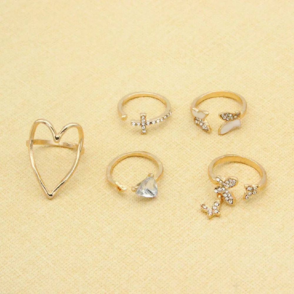 2021 New arrival jewelry triangle cross gold love butterfly  diamond  rings knuckle ring set for women wedding rings