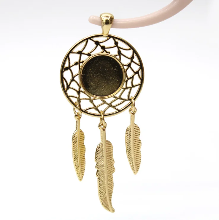 Good Quality Antique Dream Catcher Feather Base Setting Tray Bezel Pendant Charm Finding/fit 14mm Cabochon/Cameo.
