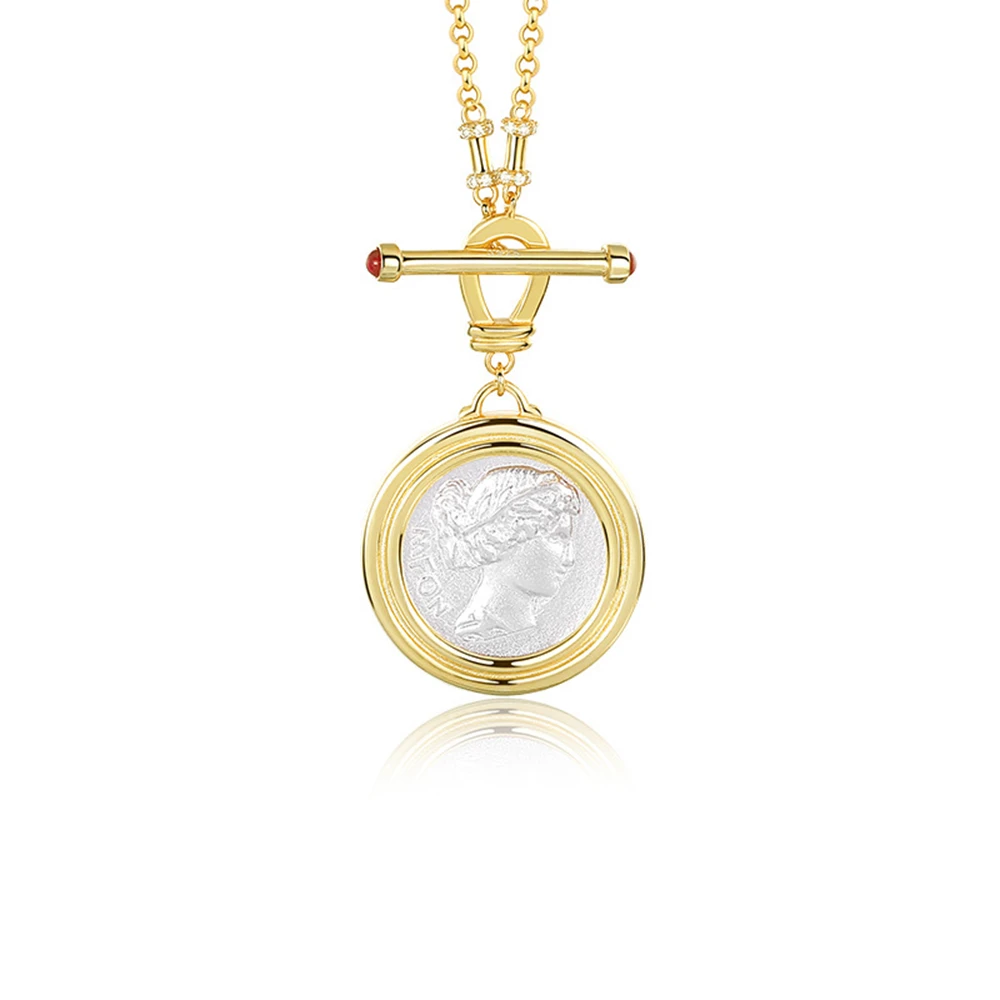 925 Sterling Silver Gold Plated Vintage Portrait Pendant Personality Ancient Coin Necklace