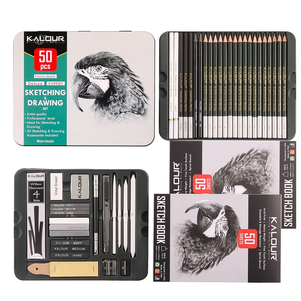 New Product Hot Sale 52pcs Sketching and Charcoal Pencil Drawing Set in Tin Box with 2 Sketch Pad