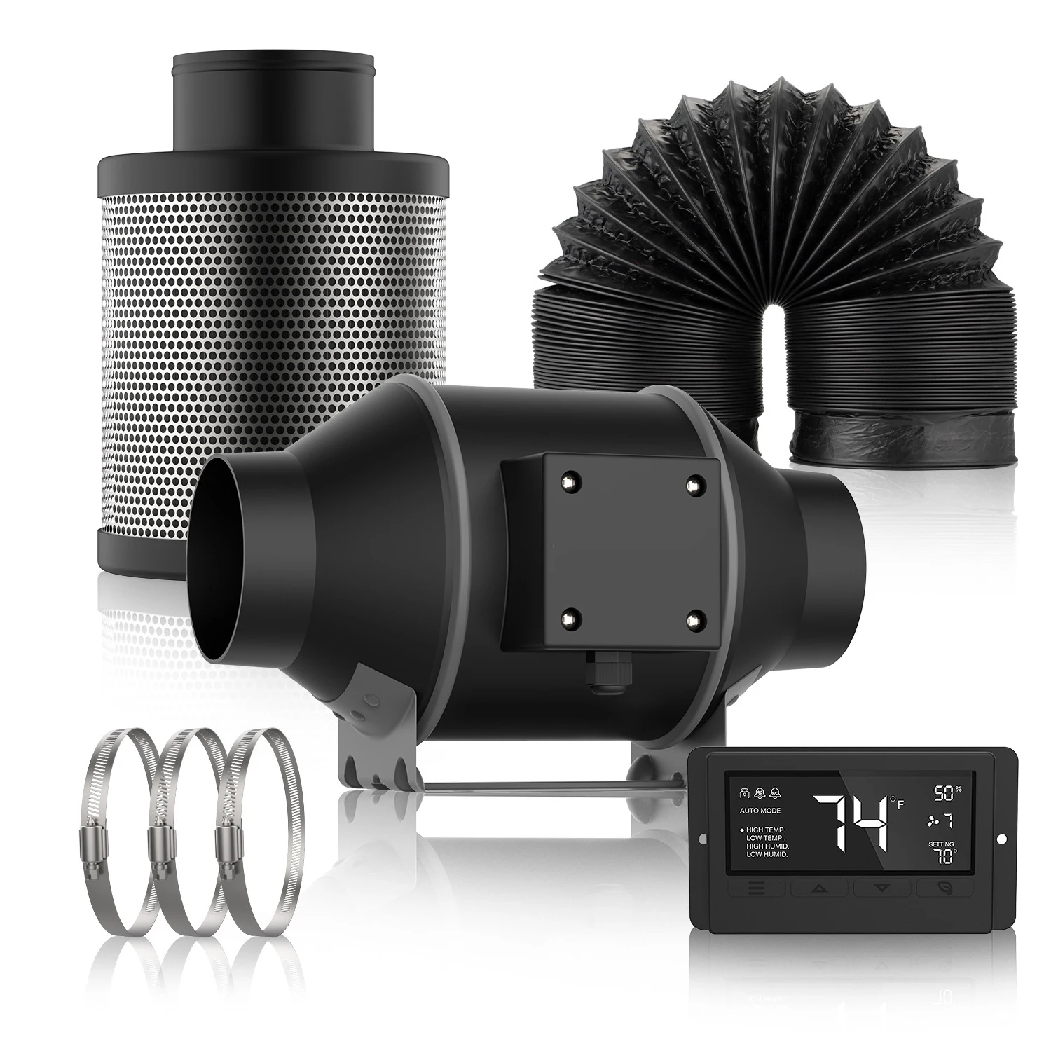 4 inch Smart Inline Duct Fan with Humidity Temperature Control and Air Carbon Filter with 8 Ft Al Dryer Ducting for Grow tent