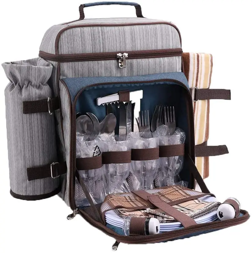 Picnic Backpack for 4 Persons All-in-One Portable Picnic Bag with Complete Cutlery Set &Waterproof Blanket for Camping Party