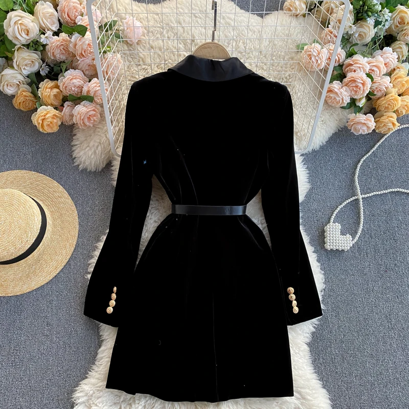 Long Sleeve Notched Collar Solid A-Line Dress Autumn Simple Velvet Mini Dress Ladies Casual Dress Clothes Women Wholesale