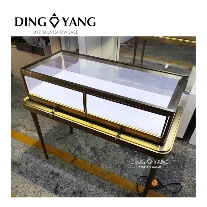 New China Hot Sale Fashion 48 X 22 X 38 INCHES Golden Glass Floor Standing Jewelry Display Showcase With  Led Strip Lights