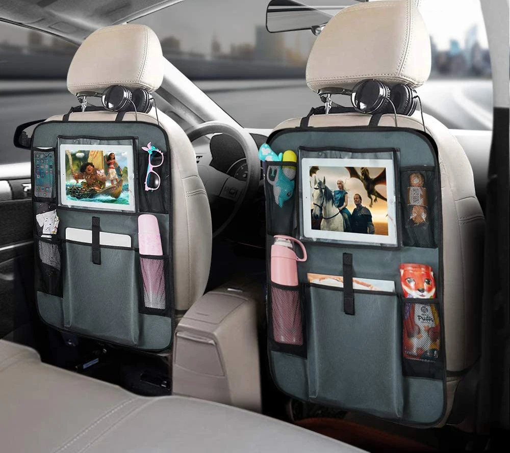 600D Durable Oxford Fabric Gray Seat Back Protector Organizer For Kids And Toddlers Toy Bottle Vehicle Travel Accessories