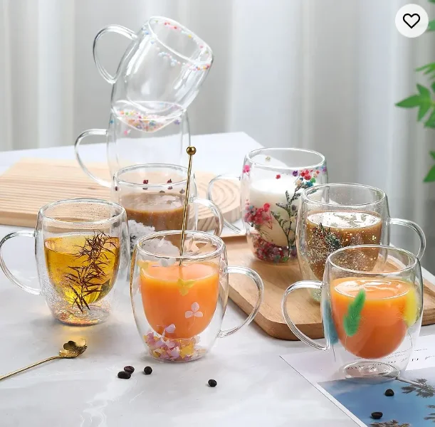 Coffee Glass Cup Mug Design Hot Sale Double Wall Insulated Borosilicate New with True Flowers Inside Aluminum Customized CLASSIC