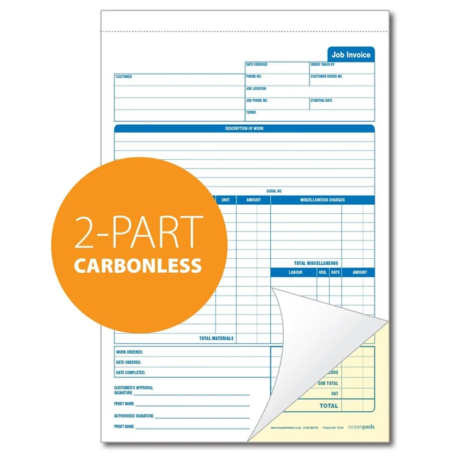 custom 2 pages carbon-less copy paper duplicate invoice pads receipt book printing design for a business