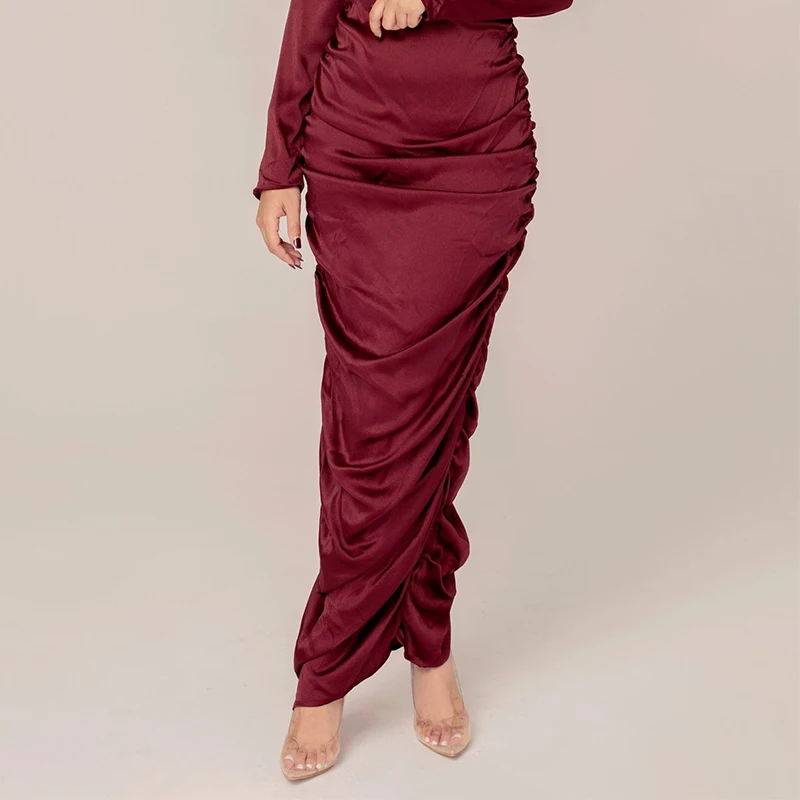 Wholesale Fashion Solid Maxi Dress for Women Eid 2023 Long Sleeve Slim Waist Mermaid Arabic Oman Muslim Clothes With Ruffle