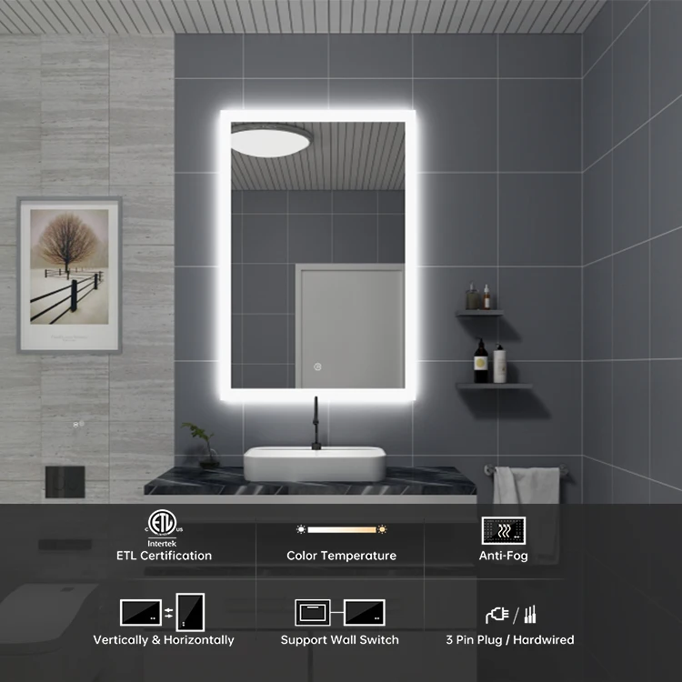 ETL certified Frameless Wall Mounted Rectangle Hotel LED Lighted Bathroom Vanity Mirror led backlit mirror