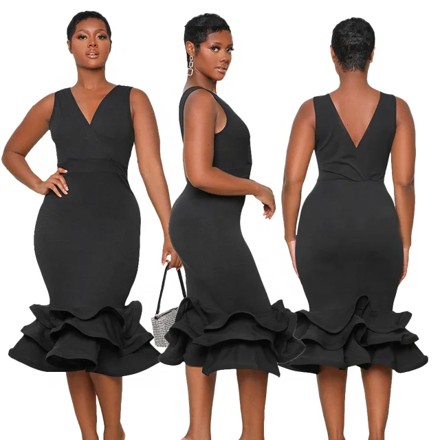 Women Clothing  Basic Dress Casual Summer Ruffles Sleeveless Elegant Ladies Bodycon Party Dress Office Wear Dresses Ladies