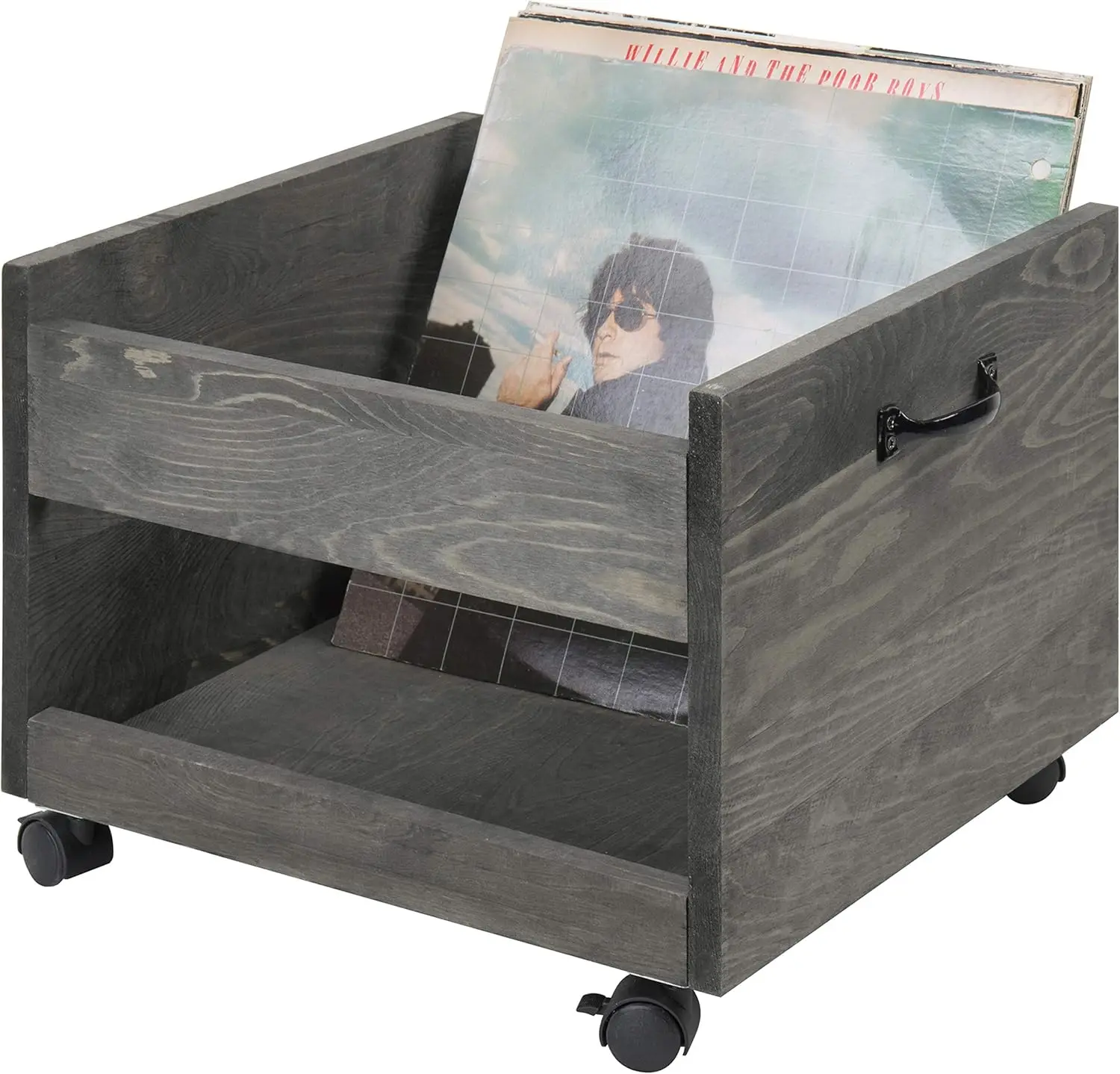 Vintage Grey Wood Vinyl Record Holder Storage Rolling Crate with Casters, Decorative Box for LP Records,Wood Crates for Storage