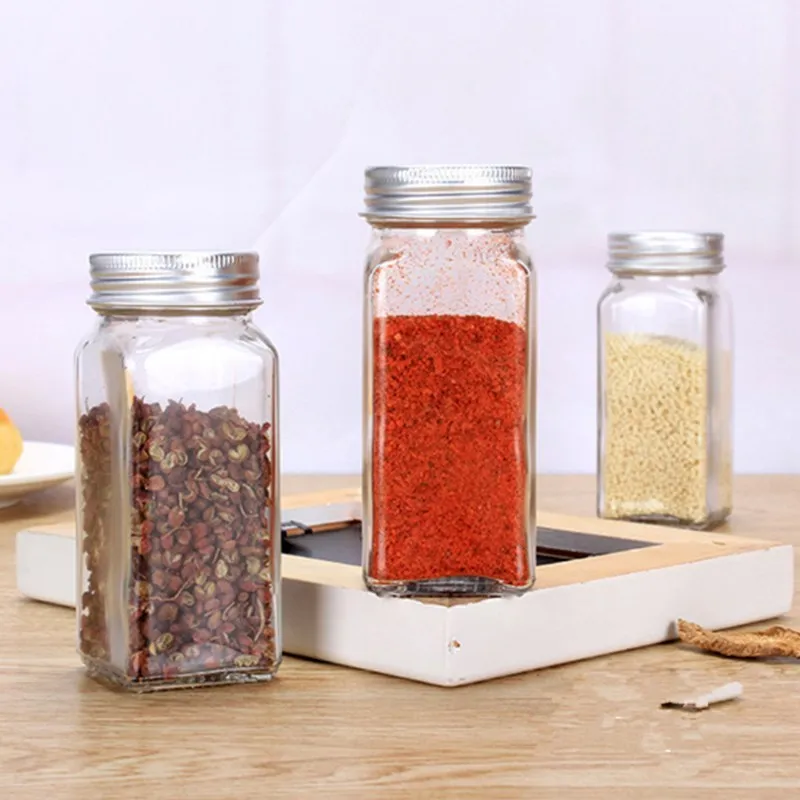 Wholesale Square Seasoning Jar Bottle 4oz Spice Glass Shaker with Meta Screw Lid