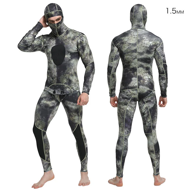 
Custom 5mm Neoprene Scuba Diving Suit 2 Pieces Ultra Stretch Wet Suit Camouflage Spearfishing Hooded Men Wetsuits for Surfing 