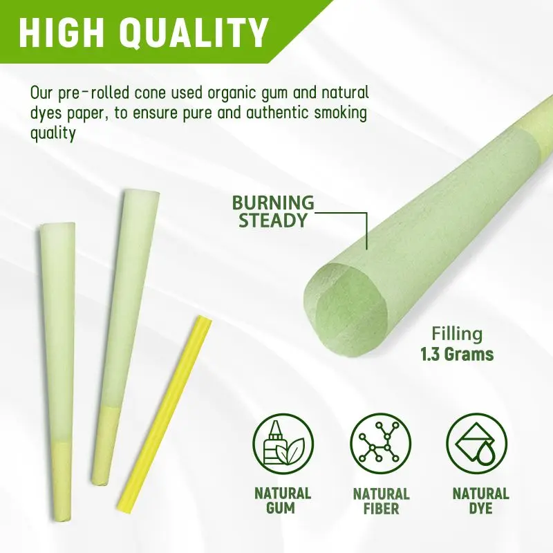 Hot Sale Slow Burning 78Mm 84Mm Smoking Paper 100% Organic Arabic Gum Green Hemp Pre Rolled Cone Hemp Rolling Paper