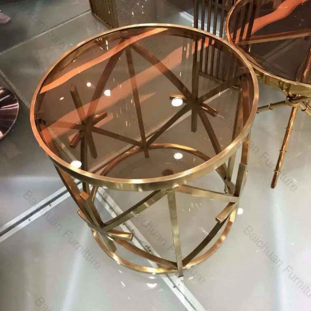 2024 round stainless steel dining table designs dining room furniture clear glass top and stainless steel coffee tables