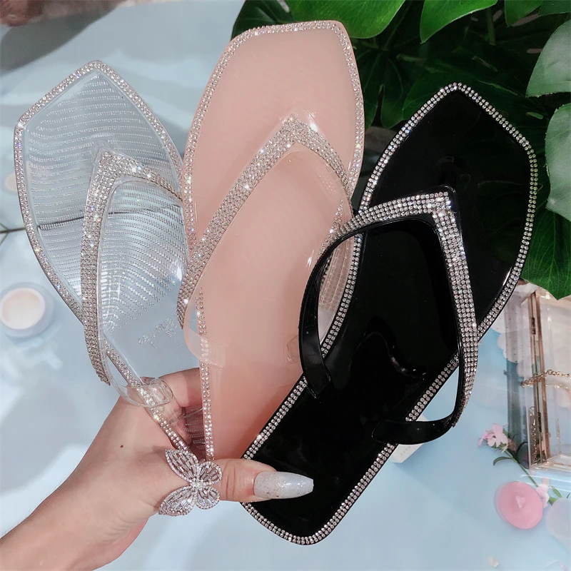 
2021 Slide Sandals Women And Ladies Flip Flop New Fashion Shoes Flat Jelly Summer Slippers Rhinestone Slides Woman Sandal 