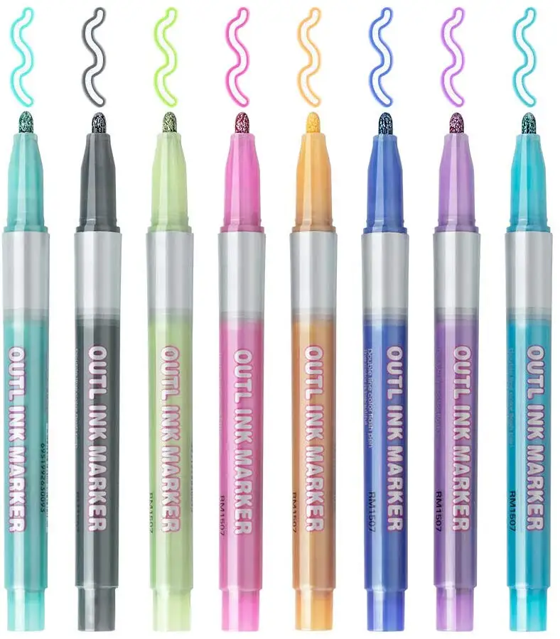 Металлические маркеры для контура, набор из 8 разноцветных контурных маркеров с двойной линией, ручки для журнала, товары для рукоделия