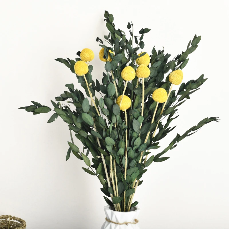 Amazon Top Seller Golden Ball Craspedia Eucalyptus Wedding Decoration Dried Flower Bouquet