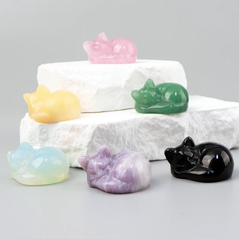 Religious Style Crystal Cat Figurine Healing Theme Home Office Decor with Polished Stone Sculpture Cute Sleeping Cat Statue