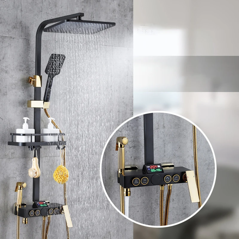 Thermostatic Shower Set Black Luxury Mixer Tap Digital Display Bath Faucet Bathtub Faucets Bathroom Shower Set Rainfall Taps