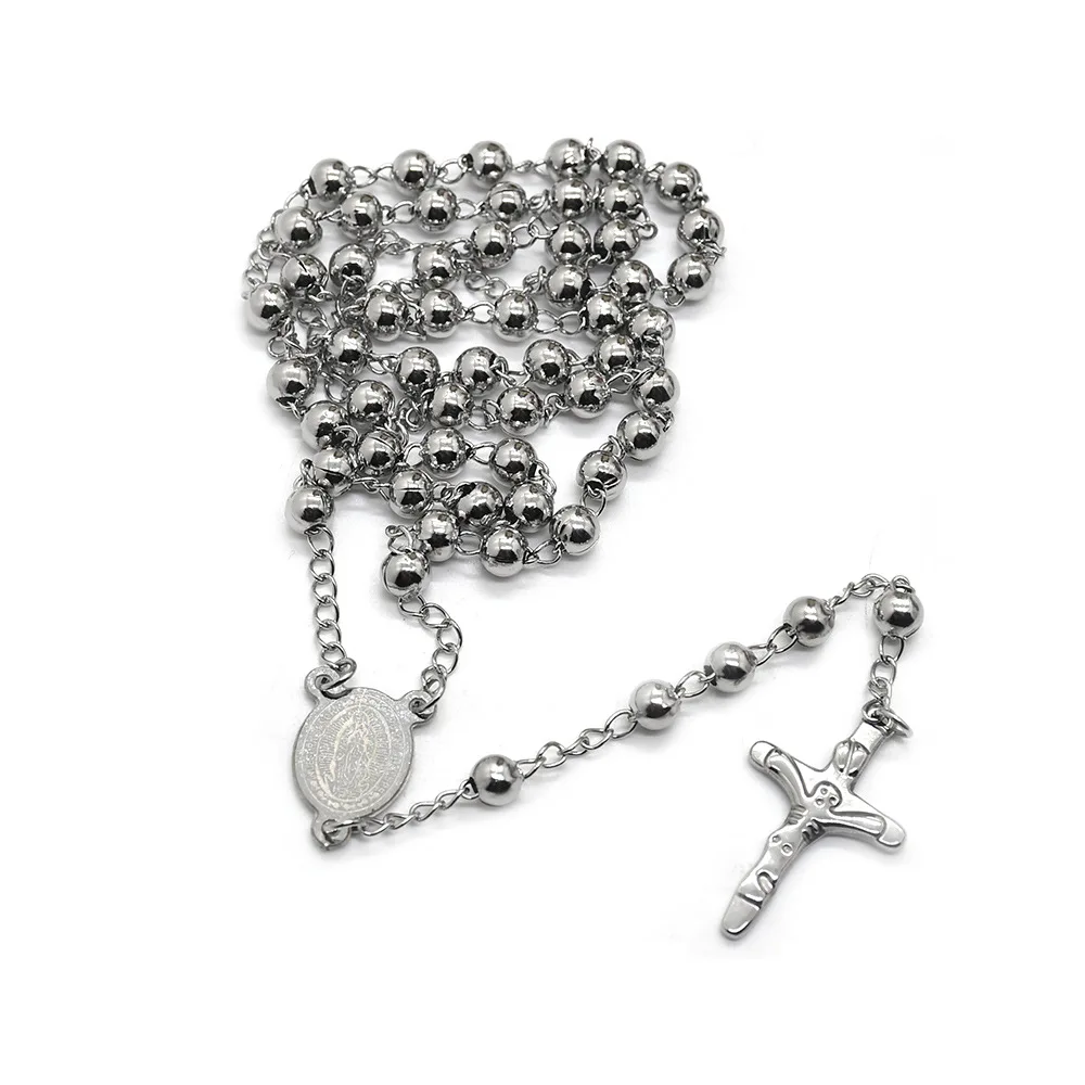 Stainless Steel Rosary Necklace with Cross 6mm Gold and Silver Jewelry Claw Setting Technique for Anniversaries