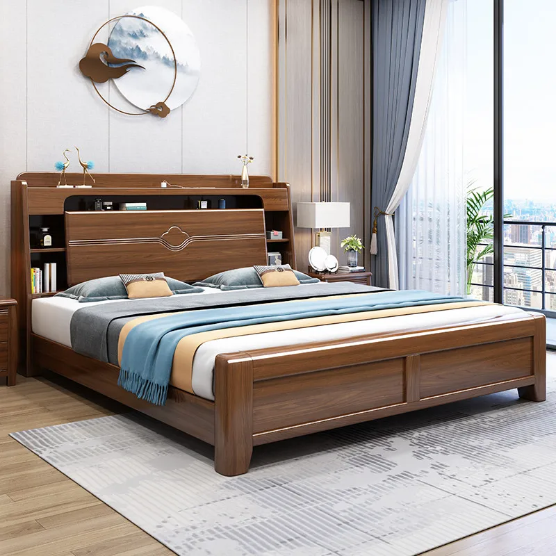 Light luxury gold silk sandalwood solid wood bed 1.5 meters 1.8 meters double high box leather soft storage bed
