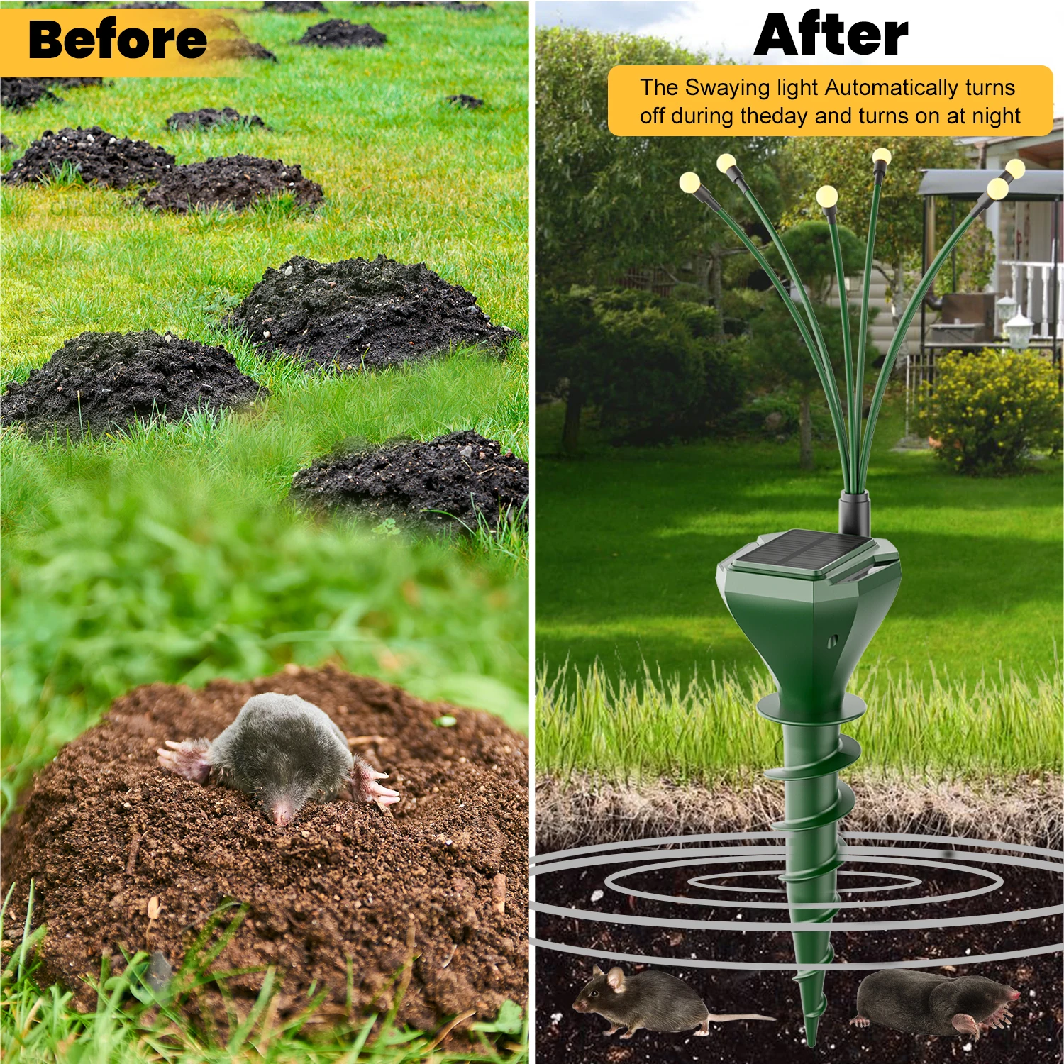 X-Pest 2024 Solar Power Mole Repeller With Garden Night Vibrate Vole Deterrent Mole Repeller For Lawns Solar PowerMole Repeller