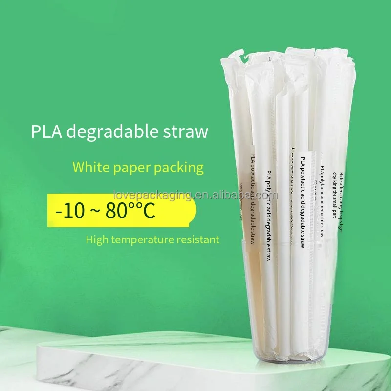 Disposable Degradable PLA Straw for Beverage Milk Tea Coffee Soybean Milk White Color Separate Blister Packaging