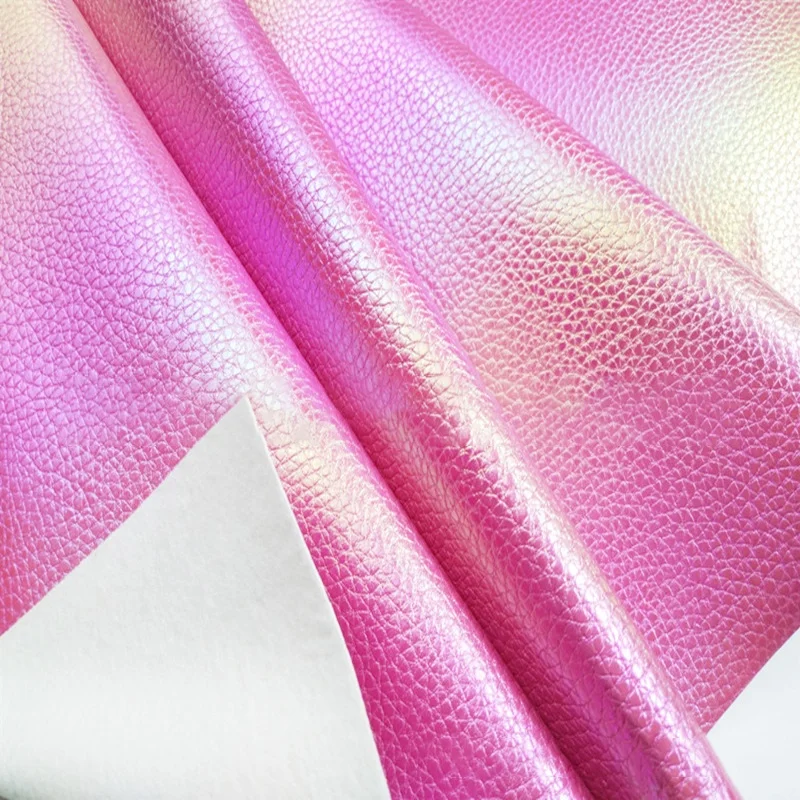 0.6MM Holographic PU Faux Leather Fabric Iridescent Gradient Rainbow Embossed Litchi Leatherette for Bows Craft DIY Accessories