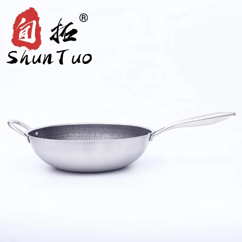 
gas two ears honeycomb nonstick Triply 304 stainless steel cooking pan induction chinese wok pan 