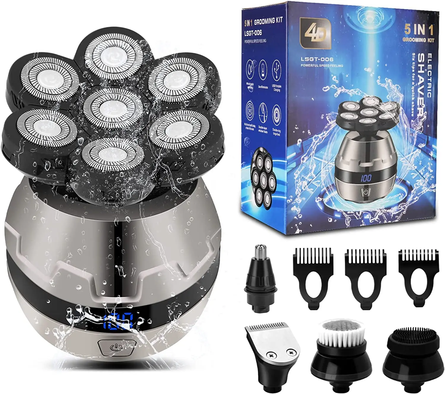 7D  5 in 1 Electric Fabric Shaver  For Fen Rechargeable Wet Dry Beard Trimmer with Nose Hair Trimmer Grooming Kit Waterproof