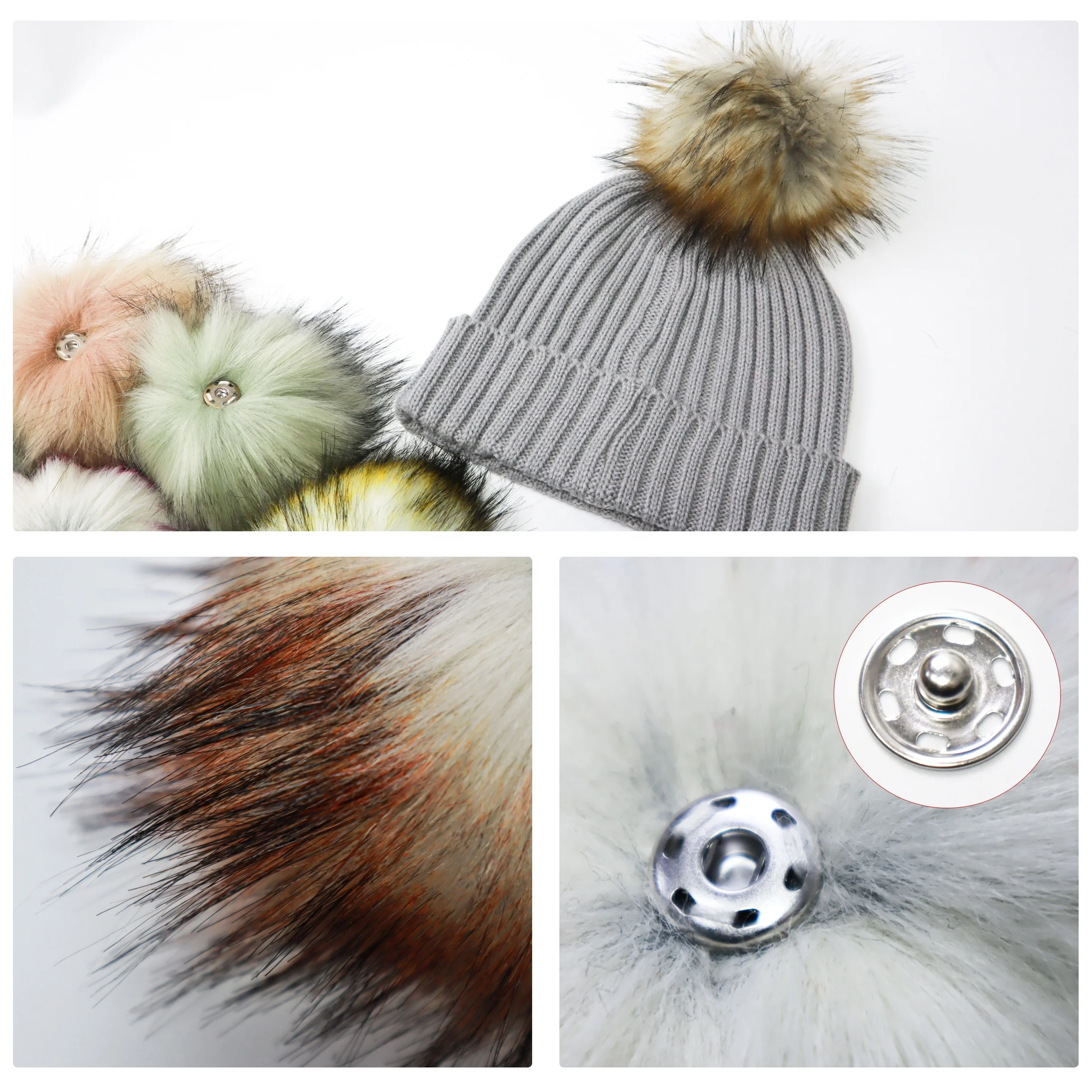 Faux Fur Pom Pom with Snap Buttons for Knitting Beanie Hats Fluffy Detachable Furry Balls Keychain Keyring Accessories