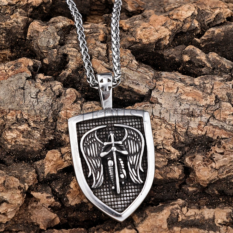 Mens Stainless Steel Religious Vintage Non Tarnish jewelry Stainless Steel Angel of Shield Wing Cross Pendant Necklace