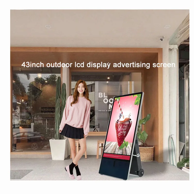 Commercial outdoor sign mobile lcd display panel 43inch smart portable movable TV digital signages restaurant sign with battery
