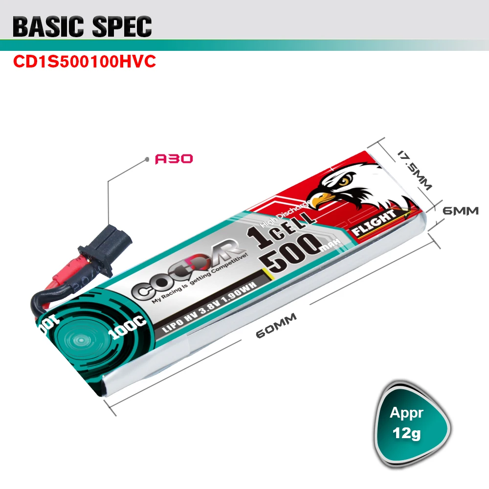CODDAR LiPo Battery 1S 500MAH 3.8V 100C A30 with Cabled FPV Drone High Voltage HV LiHV Lithium Polymer