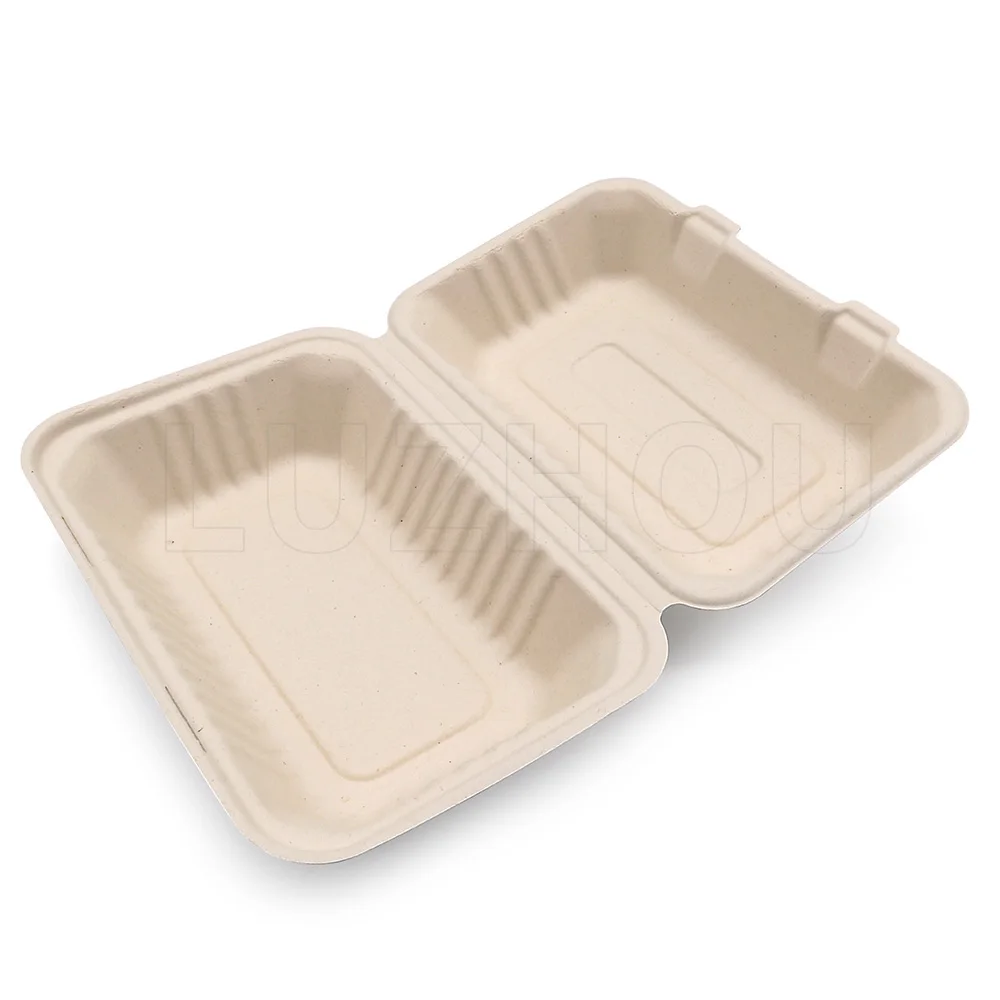 9*6*3 Bagasse Clamshell Takeout Food Containers Biodegradable to Go with Lids for Lunch