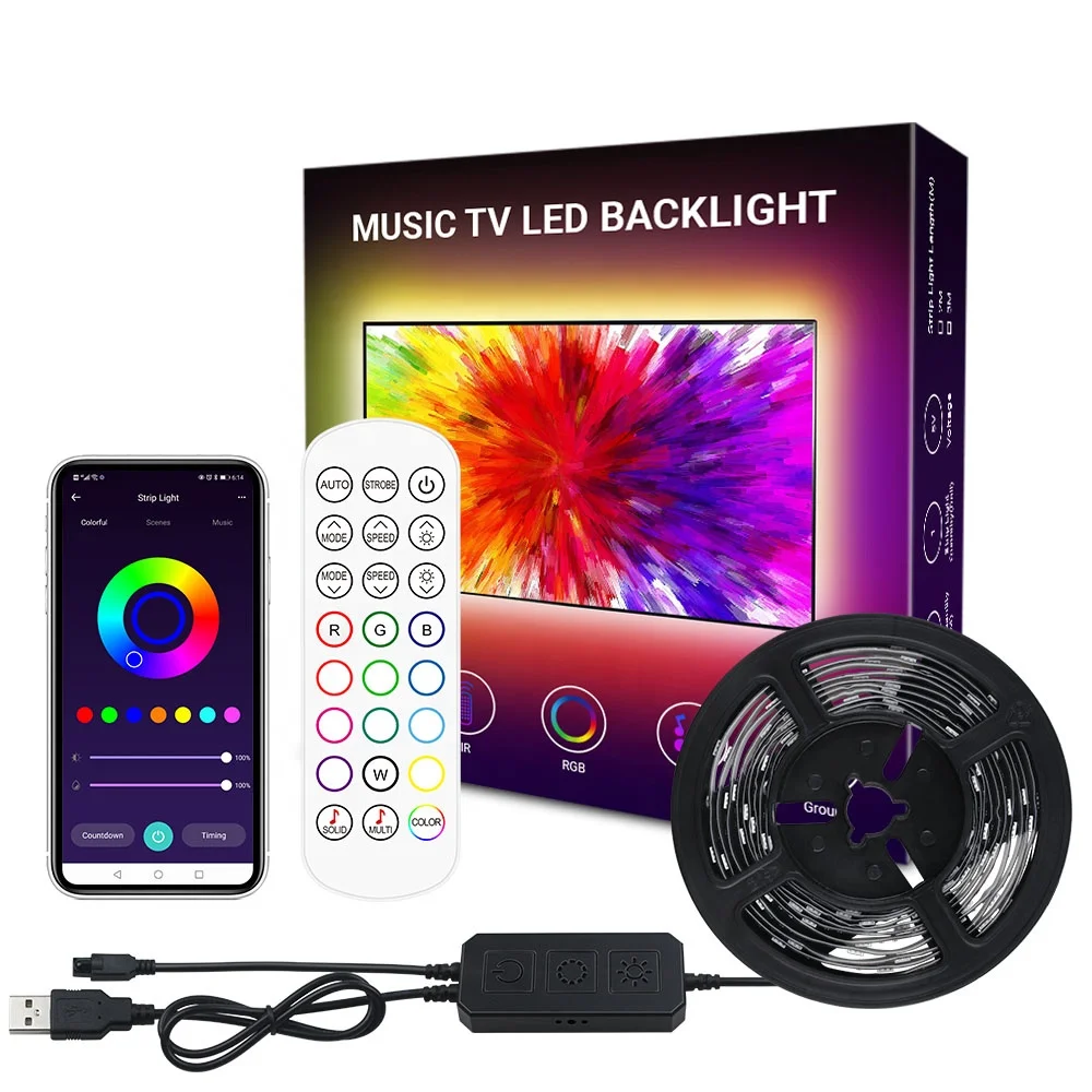 
2M 3M 5050 DC5V IP65 Flexible RGB TV Backlight kit USB LED Strip Light with 24 Key IR Remote Controller 