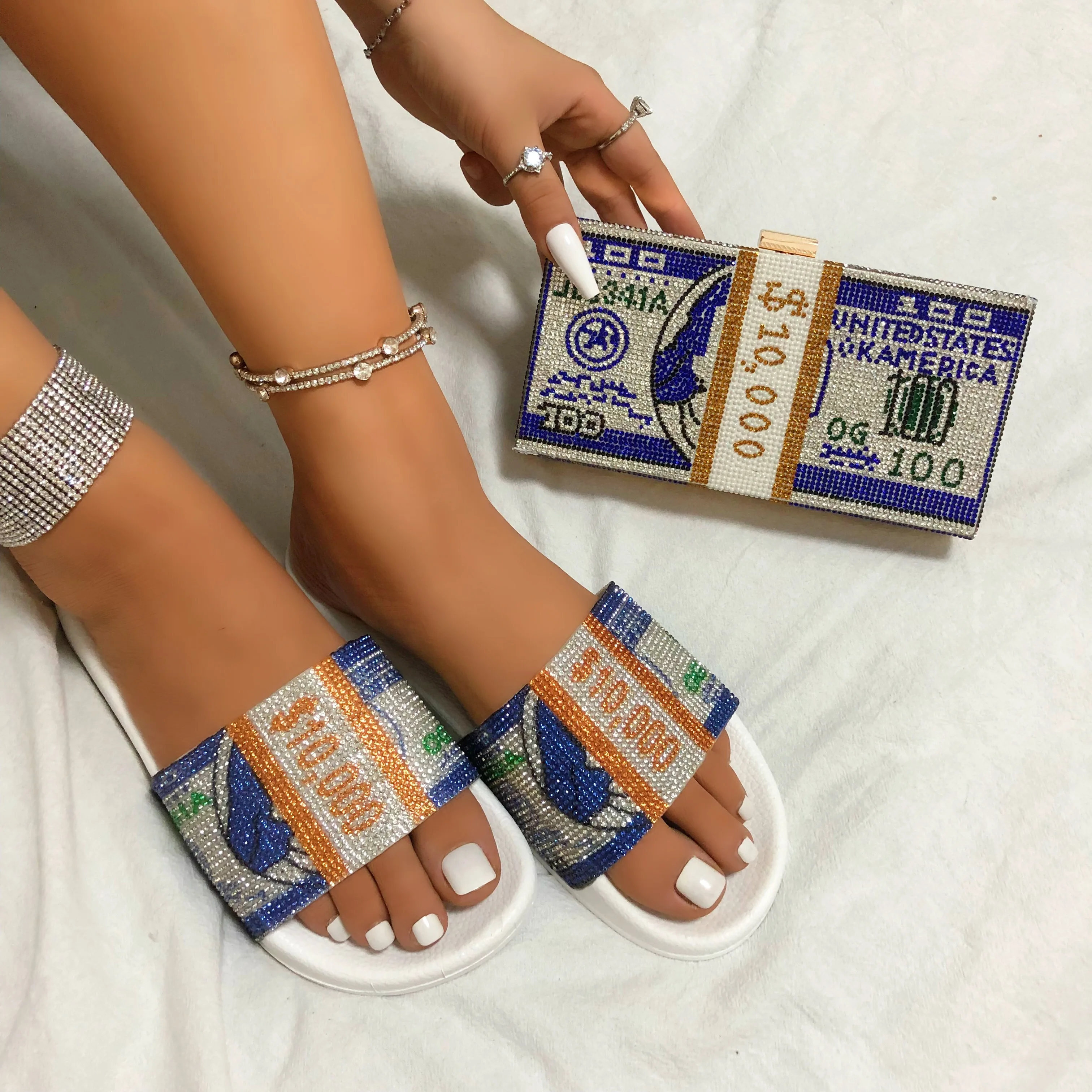 
Fashion Slides Slippers with Money Bag Set Diamond Shoes Evening Bags Party Rhinestone Wallet Bag Dollars Crystal Clutch Purses 