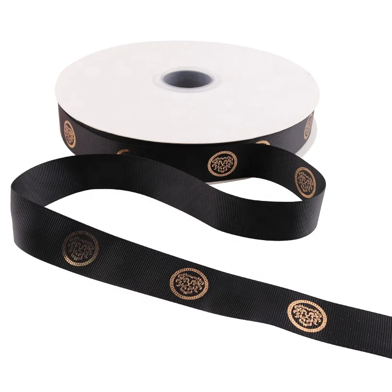 ECO friendly 2.5 cm White logo printing Gold foil printing ribbons Brand Artwork Colorful Satin Grosgrain Ribbon for Packaging