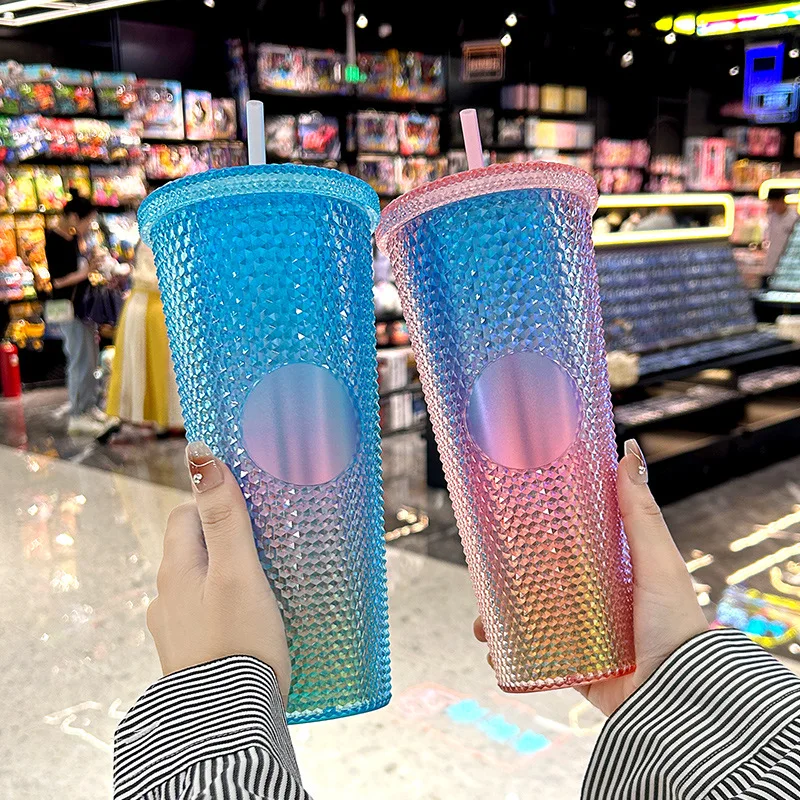 Large Capacity 24OZ 710 ML Hot Selling Pink Style Double Wall Plastic With Straw BPA Free Tumbler Accept Costom Logo